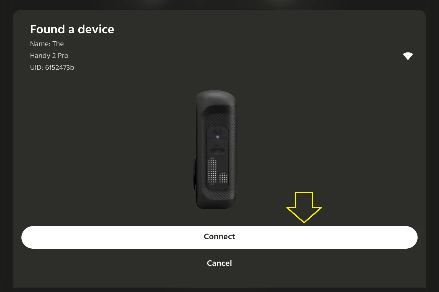 HandyOnboarding détecte un appareil The Handy 2 Pro et affiche le bouton Connect.