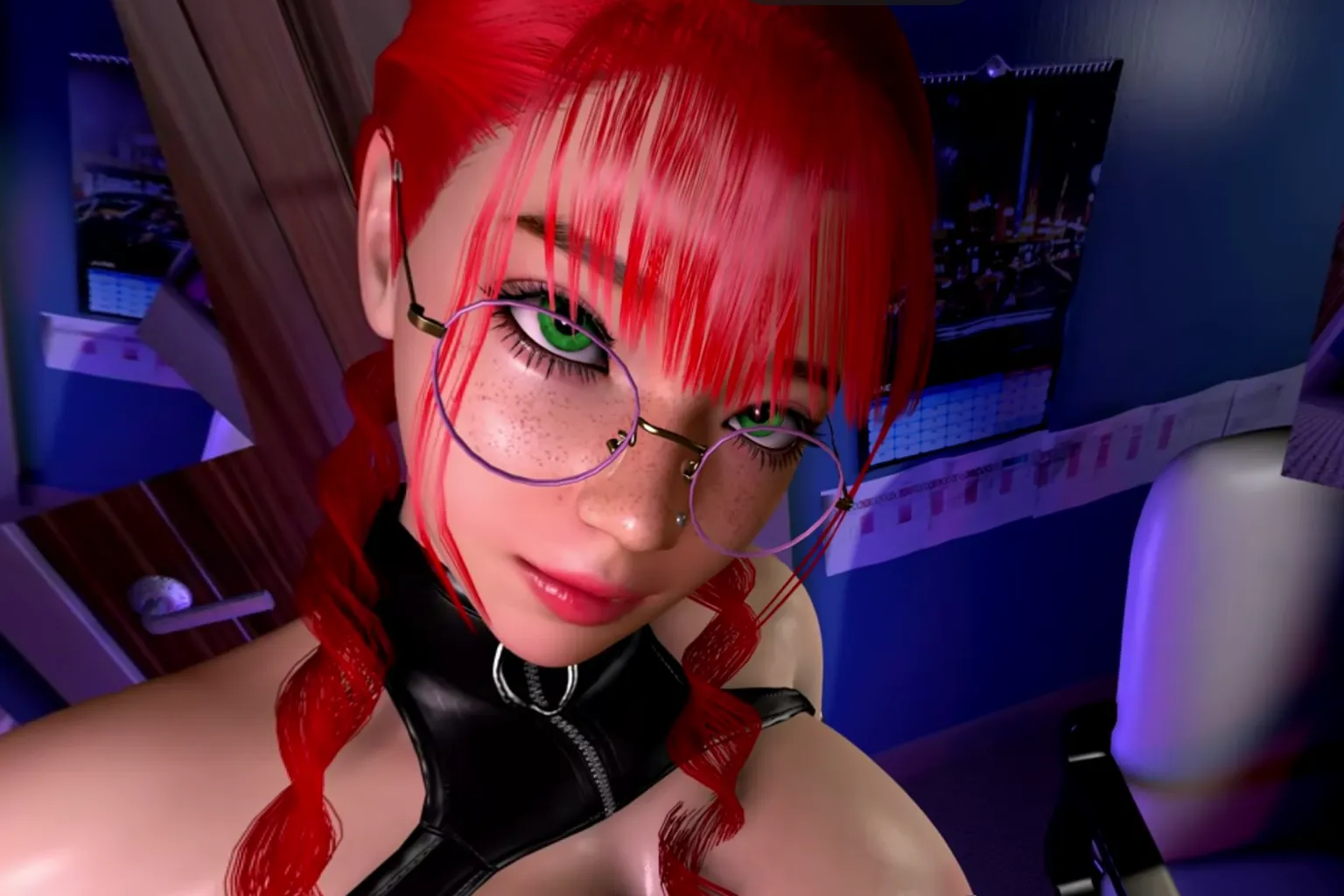 Gros plan du personnage virtuel Akiko aux cheveux rouges, lunettes rondes et yeux verts dans une scène VR