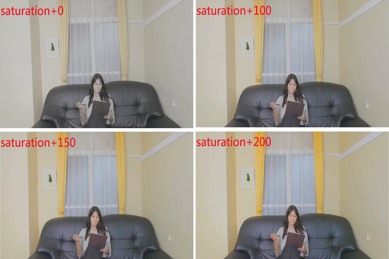 Comparaison de saturation sur une scène VR avec femme assise sur un canapé