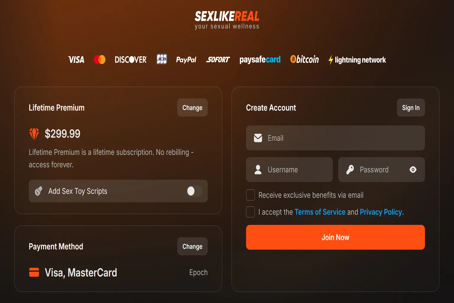 Page de paiement SexLikeReal avec création de compte et méthodes de paiement