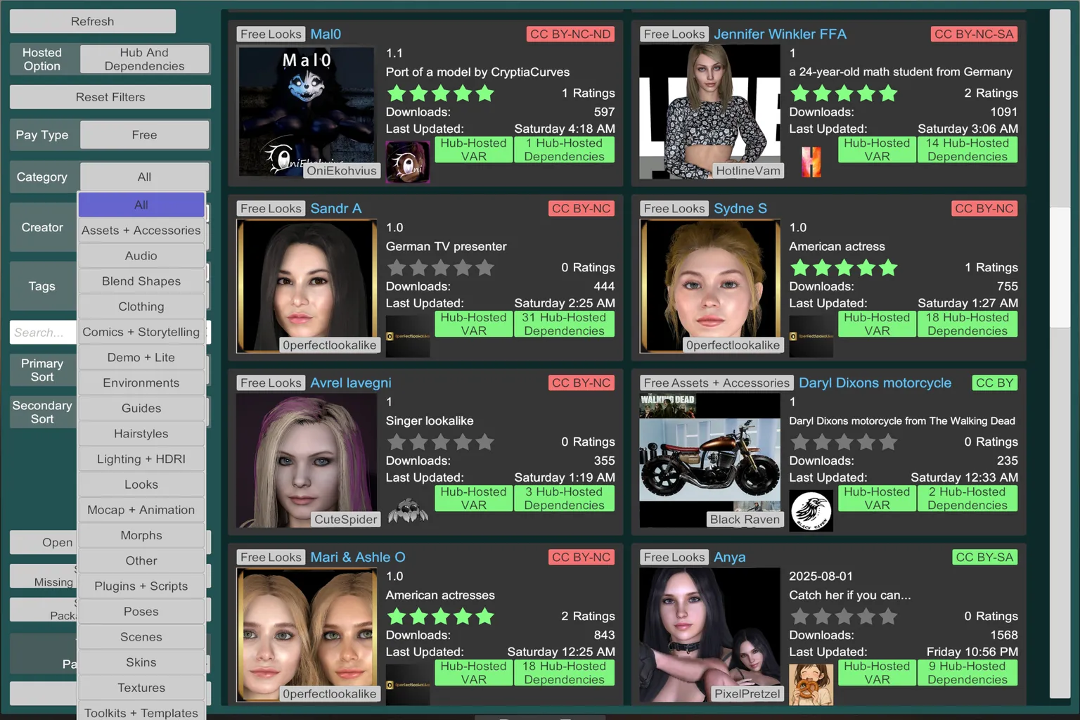 VaM Hub avec le filtre Category ouvert pour choisir le type de contenu à afficher