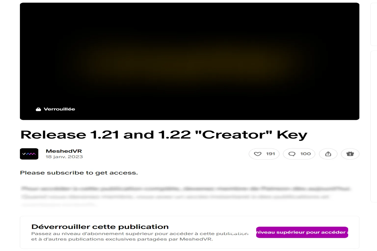 Publication Creator verrouillée sur Patreon demandant un niveau supérieur pour accéder à la clé