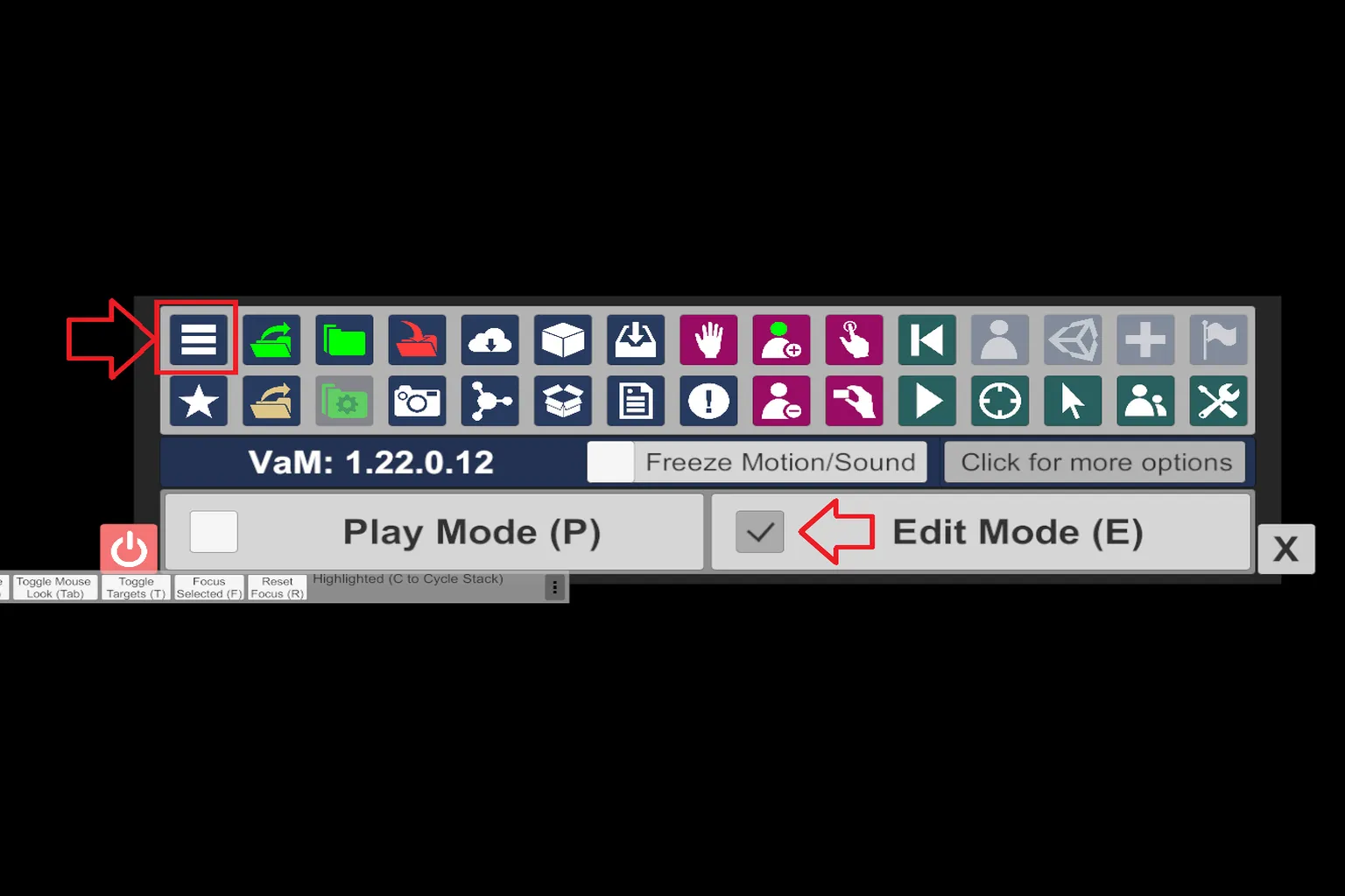 Barre d’outils VaM avec une flèche indiquant le passage en Edit Mode.