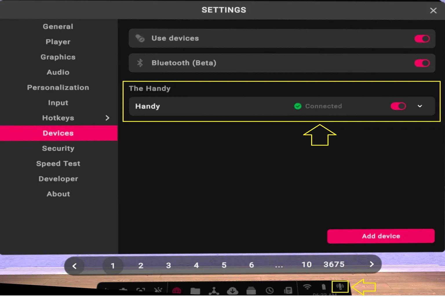 Écran des paramètres Devices de VRPorn indiquant que The Handy est connecté et prêt à l’emploi.