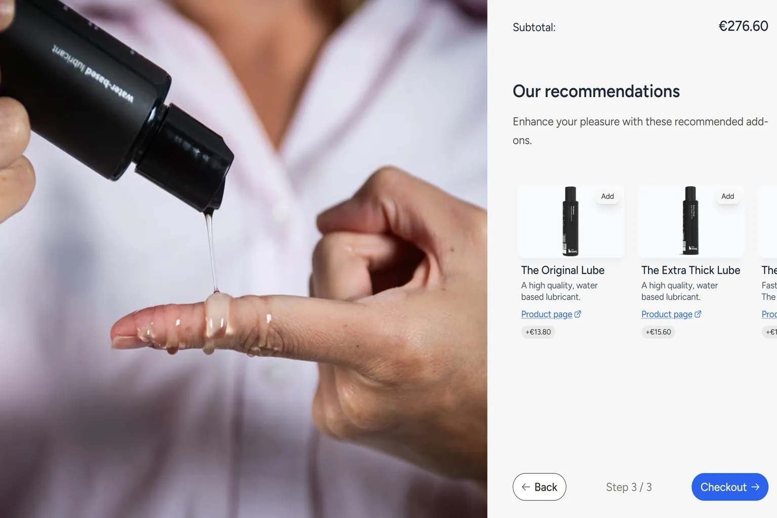 Écran d’ajout de lubrifiants et accessoires recommandés pendant la commande The Handy