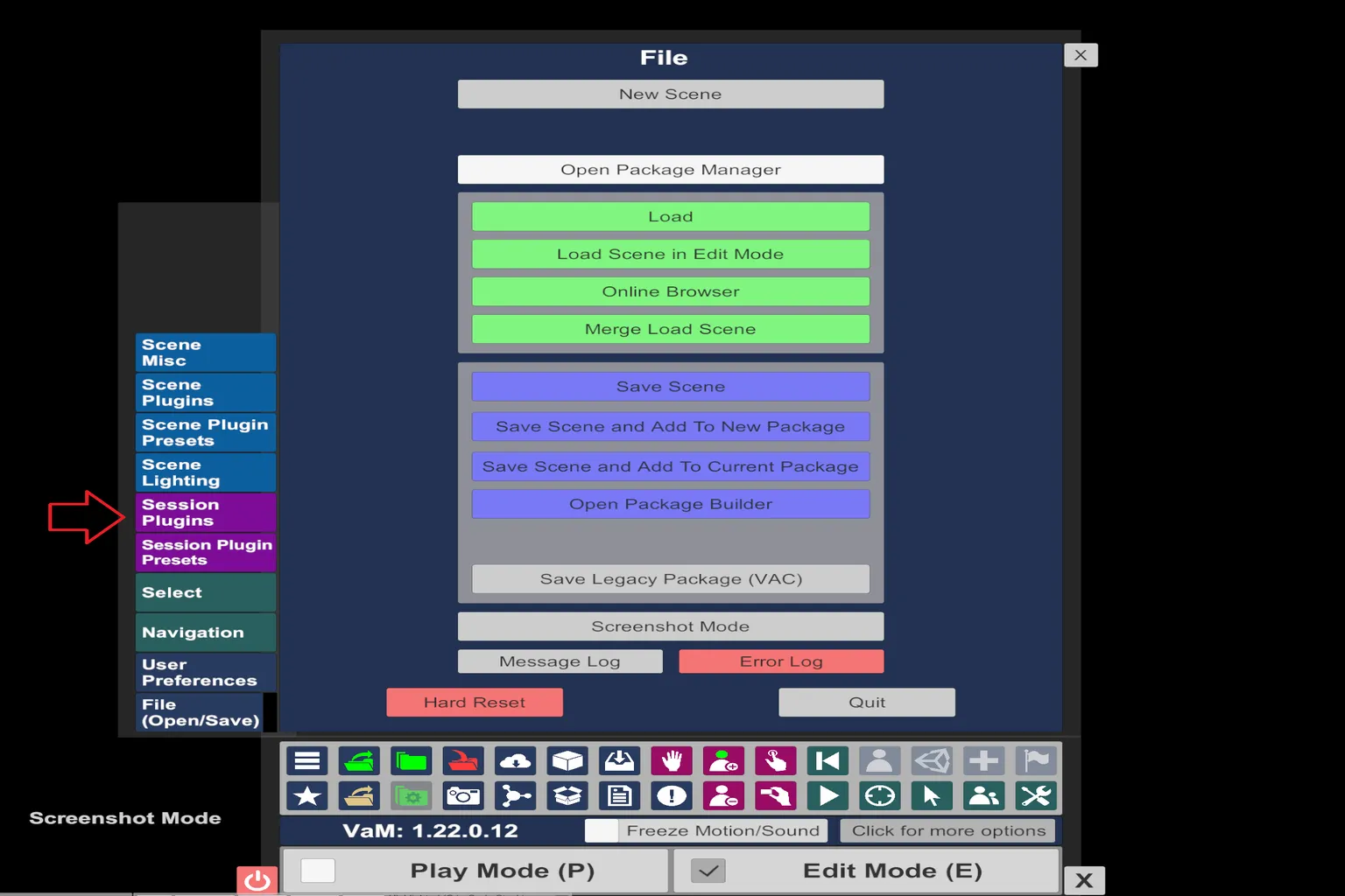 Menu File de VaM avec une flèche pointant vers Session Plugins.