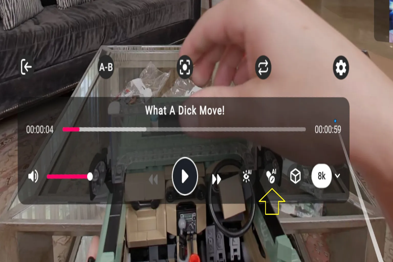 Écran de lecture vidéo VRPorn avec l’icône de la fonction interactive IA sélectionnée.