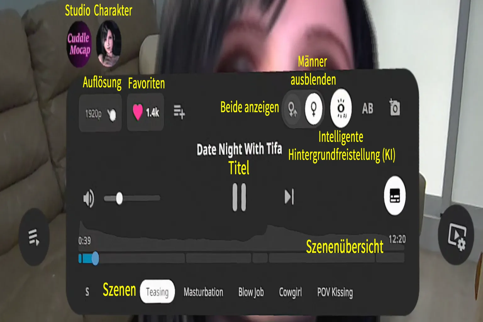 Panneau de contrôle vidéo SexLikeReal avec résolution, favoris, passthrough, scènes et graphique de lecture