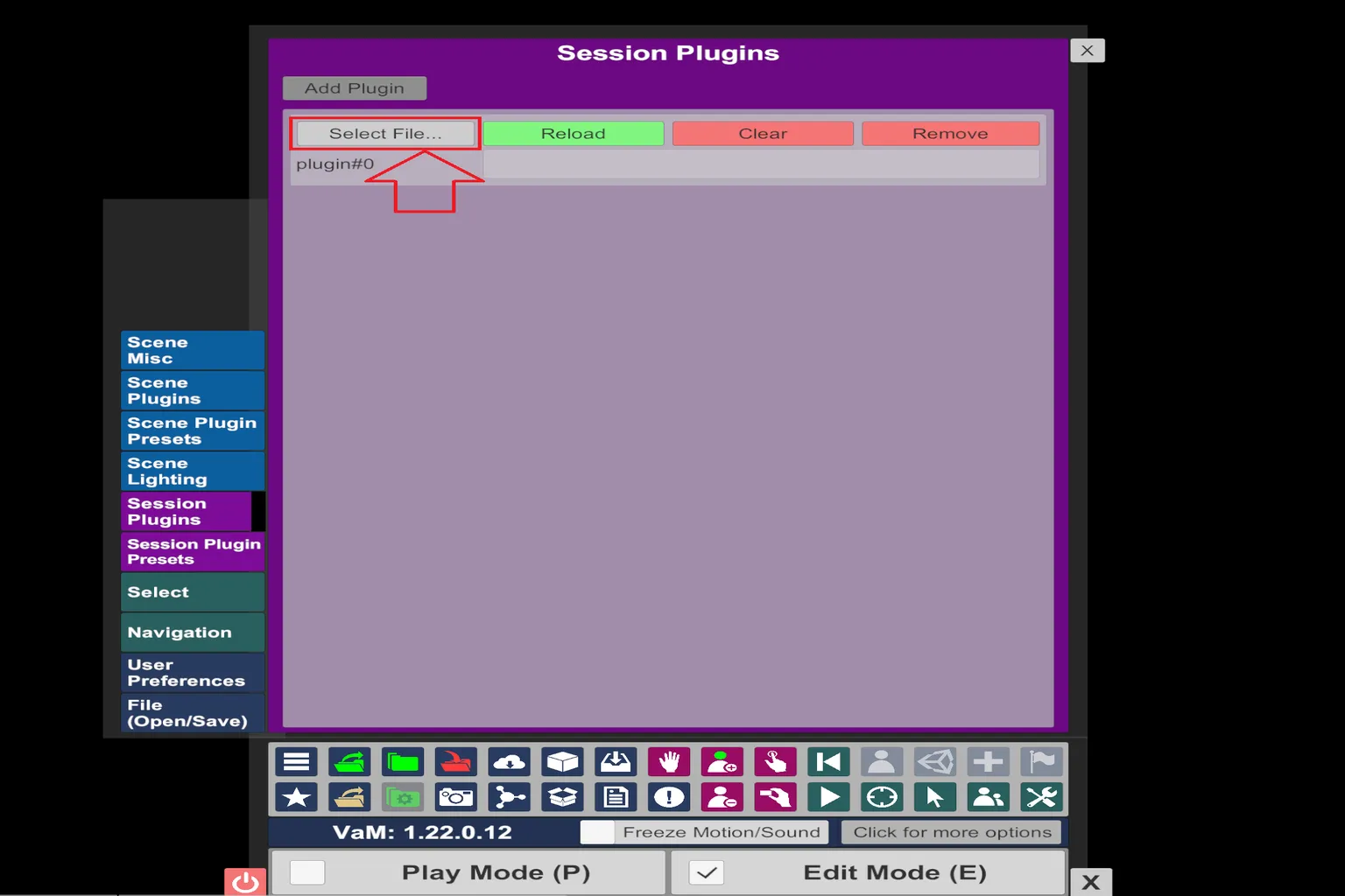 Fenêtre Session Plugins de VaM avec une flèche indiquant Select File.