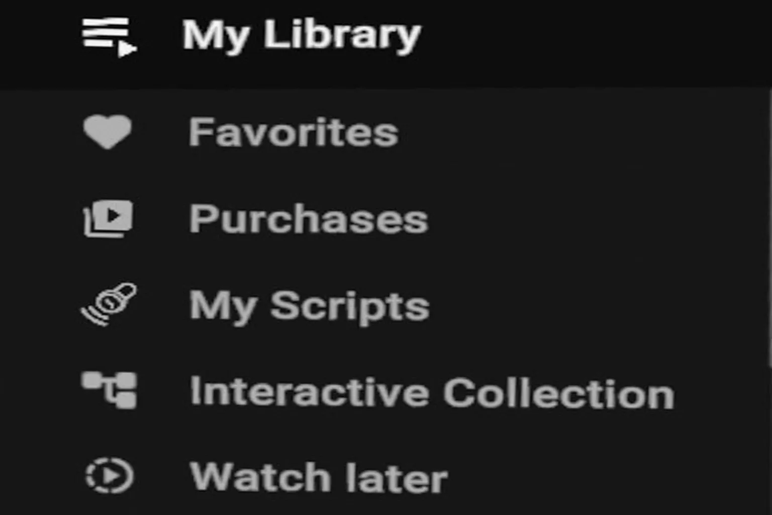 Menu bibliothèque SLR avec favoris, achats, scripts et regarder plus tard