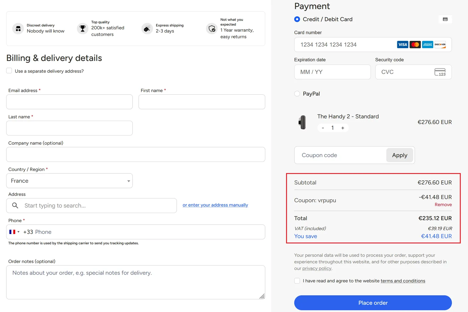 Page de paiement de The Handy 2 après application du code promo VRPUPU, avec une réduction de 41,48 € affichée dans le récapitulatif.