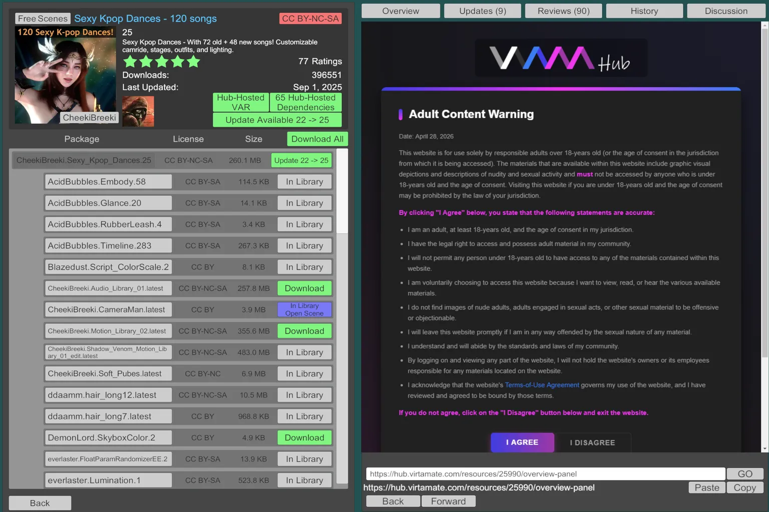 VaM Hub affichant une liste de scènes avec plusieurs modules déjà présents dans la bibliothèque