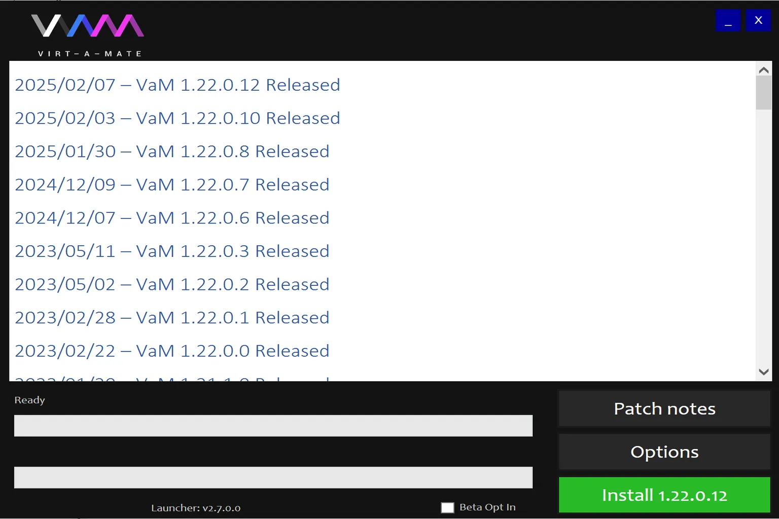 Lanceur Virt-A-Mate affichant les notes de version et le bouton Install