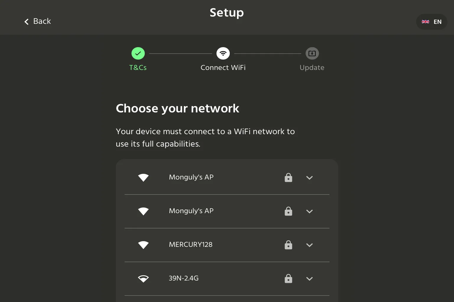 Écran HandyOnboarding permettant de choisir un réseau Wi-Fi pour connecter The Handy.
