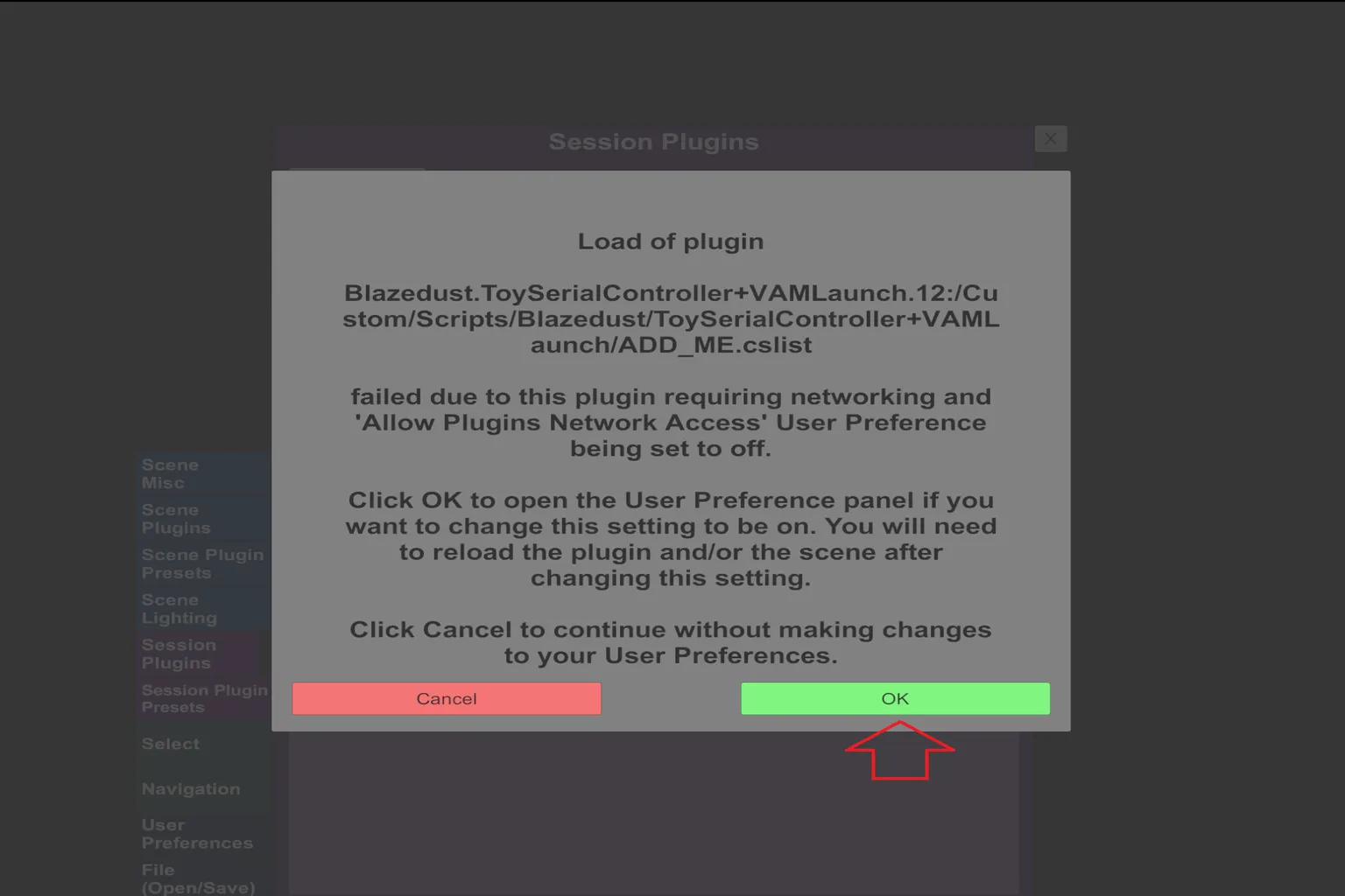 Message VaM indiquant que le plugin nécessite l’accès réseau, avec une flèche vers OK.