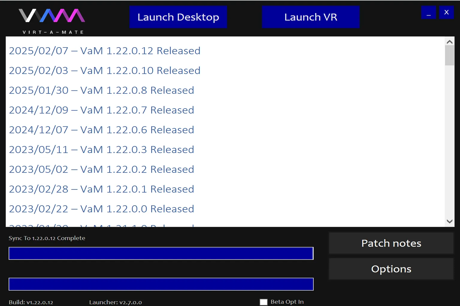 Installation Virt-A-Mate terminée avec boutons Launch Desktop et Launch VR
