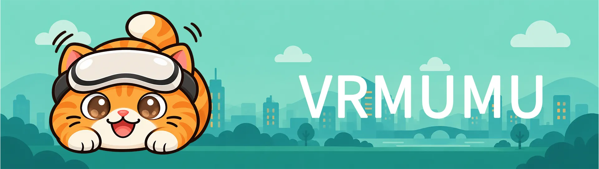 Bannière VRMUMU avec un chat roux portant un casque VR sur fond de paysage urbain turquoise