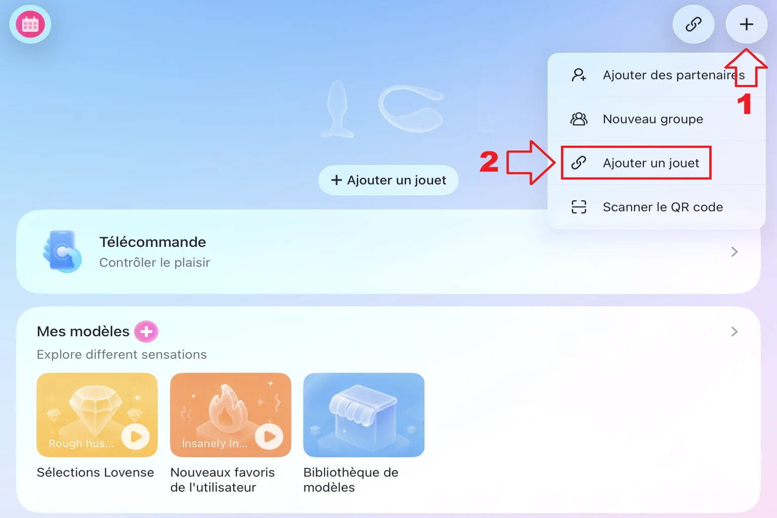 Écran d'accueil de Lovense Remote montrant comment appuyer sur le bouton « + » et sélectionner l'ajout d'un appareil pour lancer l'appairage
