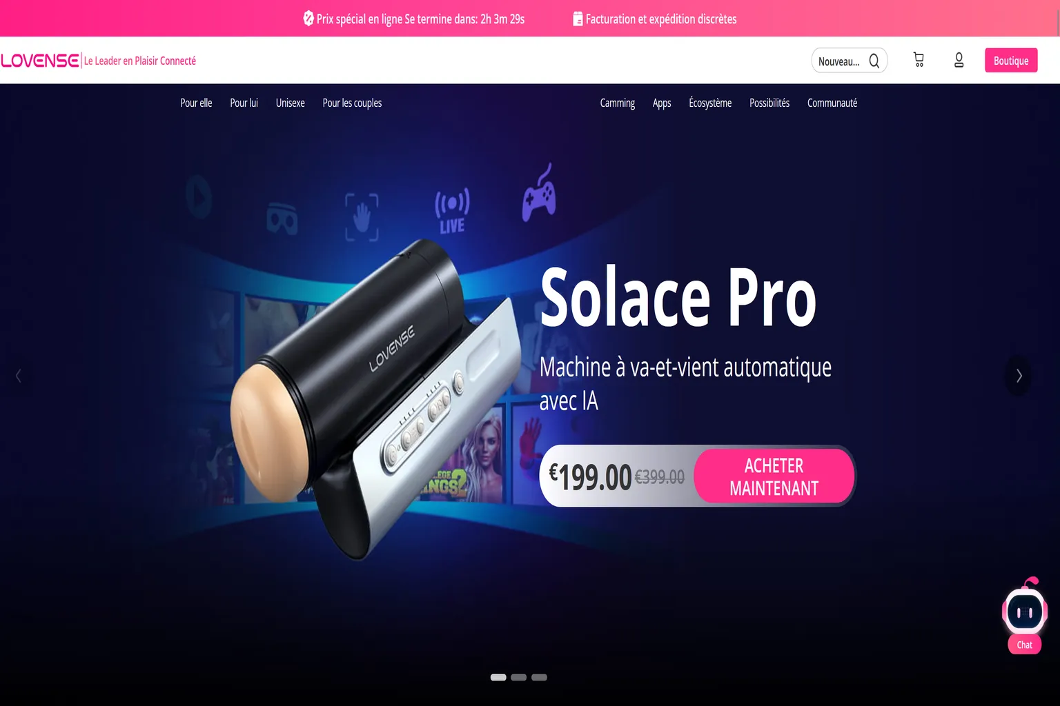 Page officielle du Lovense Solace Pro en France, affichant le prix promotionnel de 199 € au lieu de 399 € et le bouton « Acheter maintenant »