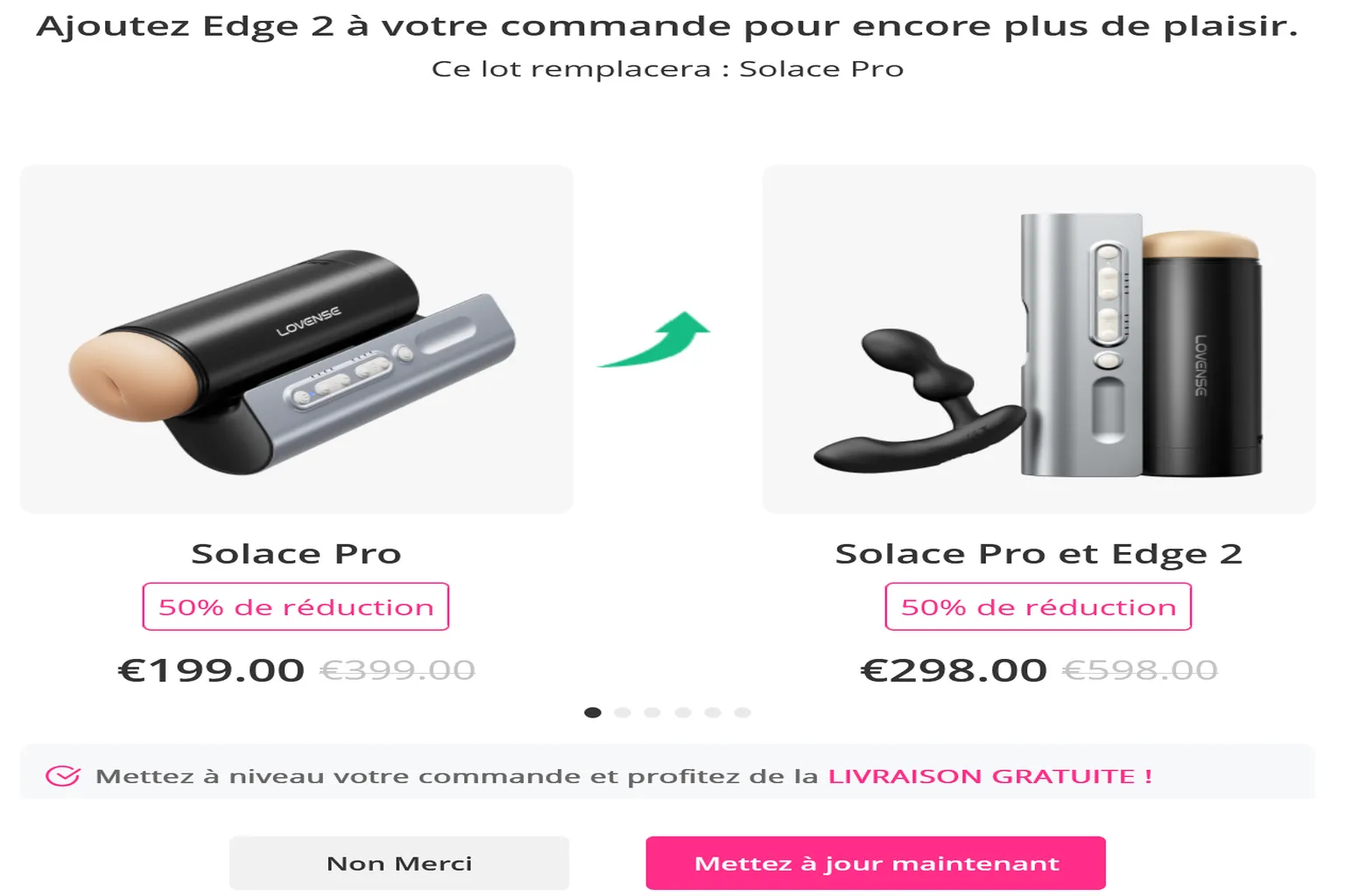 Offre groupée sur le site Lovense comparant le Solace Pro seul à 199 € et le pack Solace Pro avec Edge 2 à 298 €, avec l'option « Non Merci »