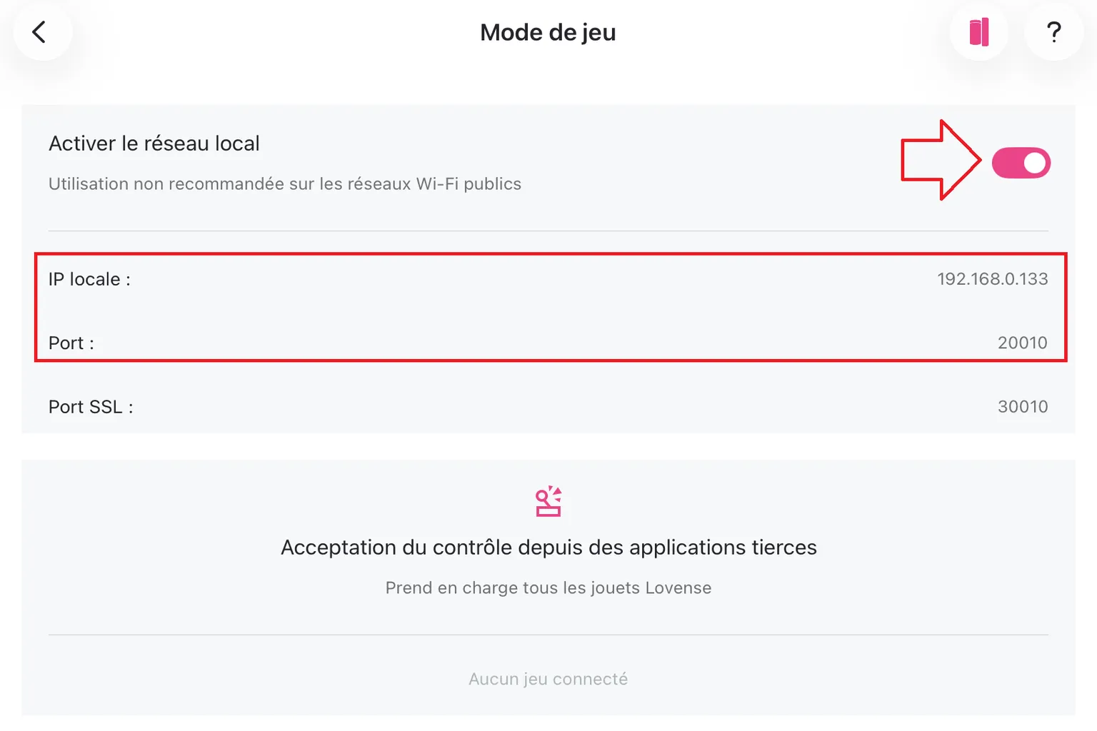 Paramètres du mode jeu de Lovense Remote avec le réseau LAN activé et affichage de l'adresse IP locale et du numéro de port