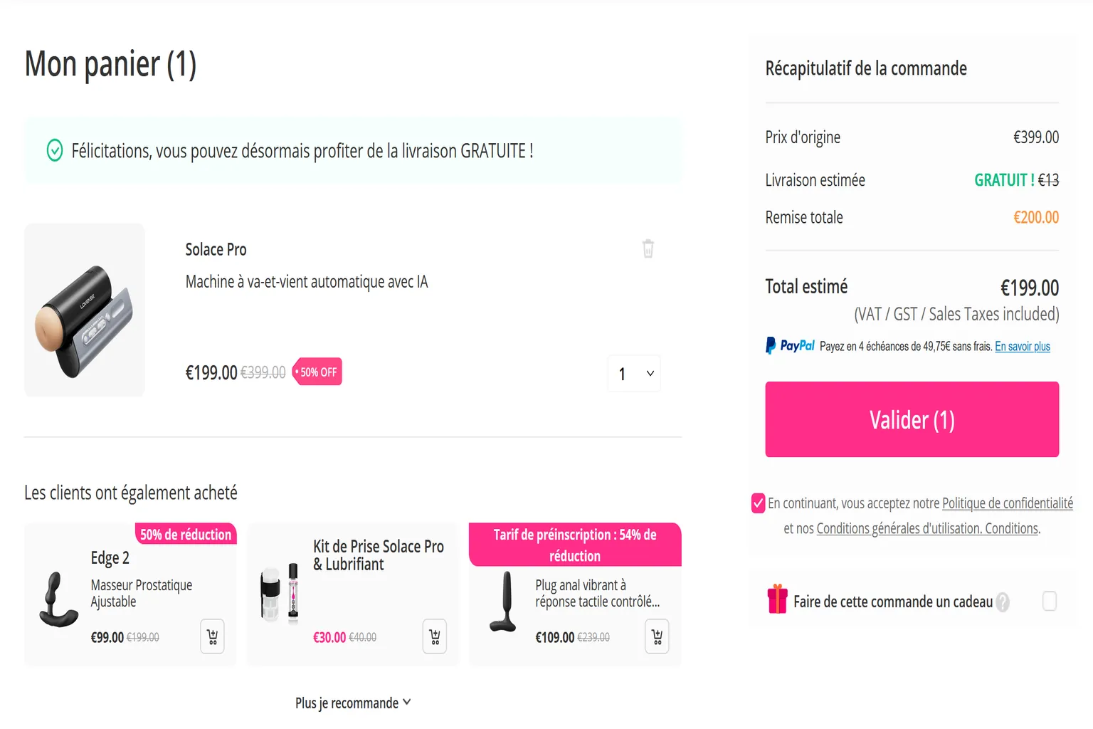 Panier du site Lovense France affichant le Solace Pro à 199 € avec 50 % de réduction, la livraison gratuite et des accessoires proposés en supplément