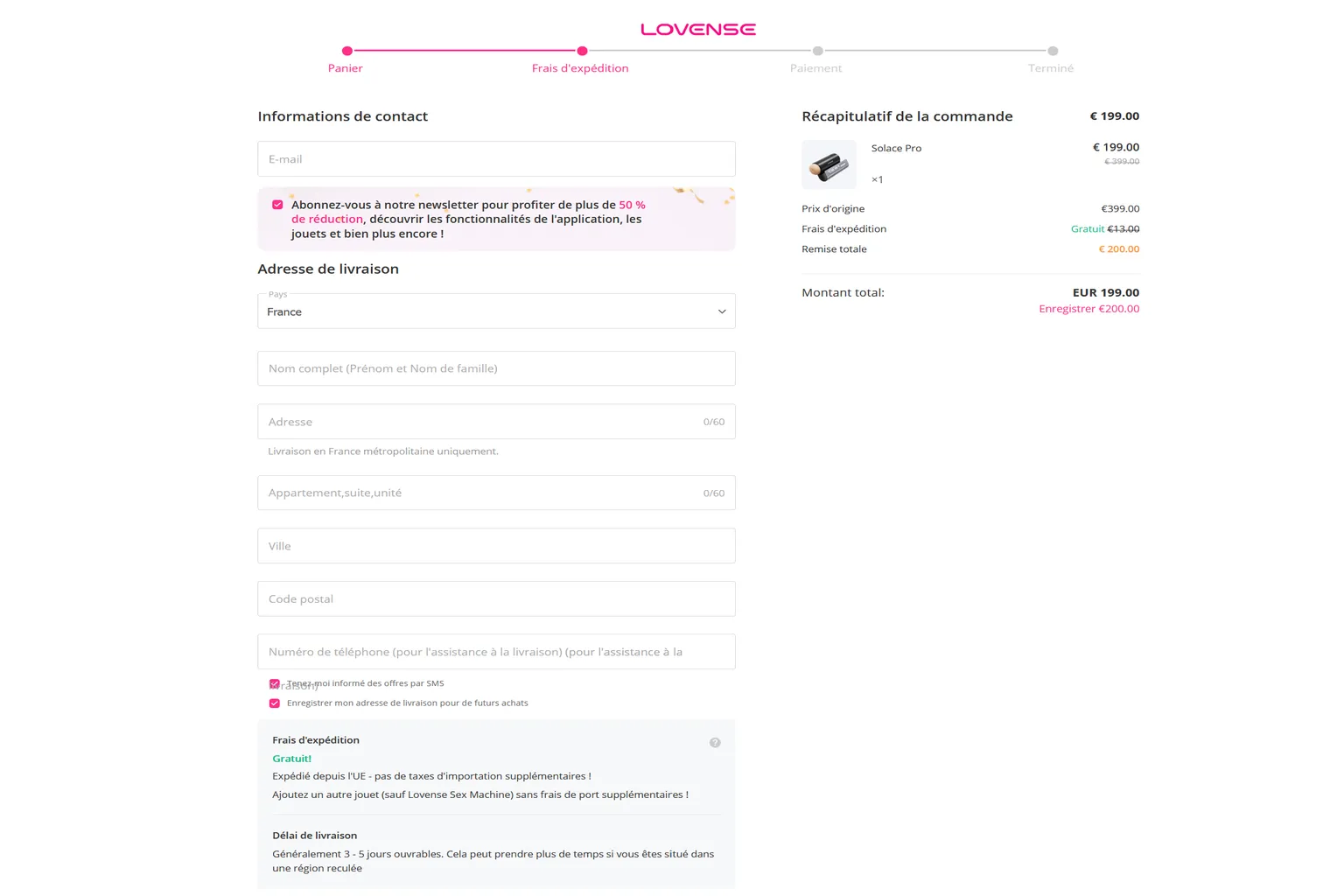 Page de commande Lovense avec la France comme pays de livraison, les champs pour saisir les coordonnées et l'adresse, la livraison gratuite et un total de 199 €