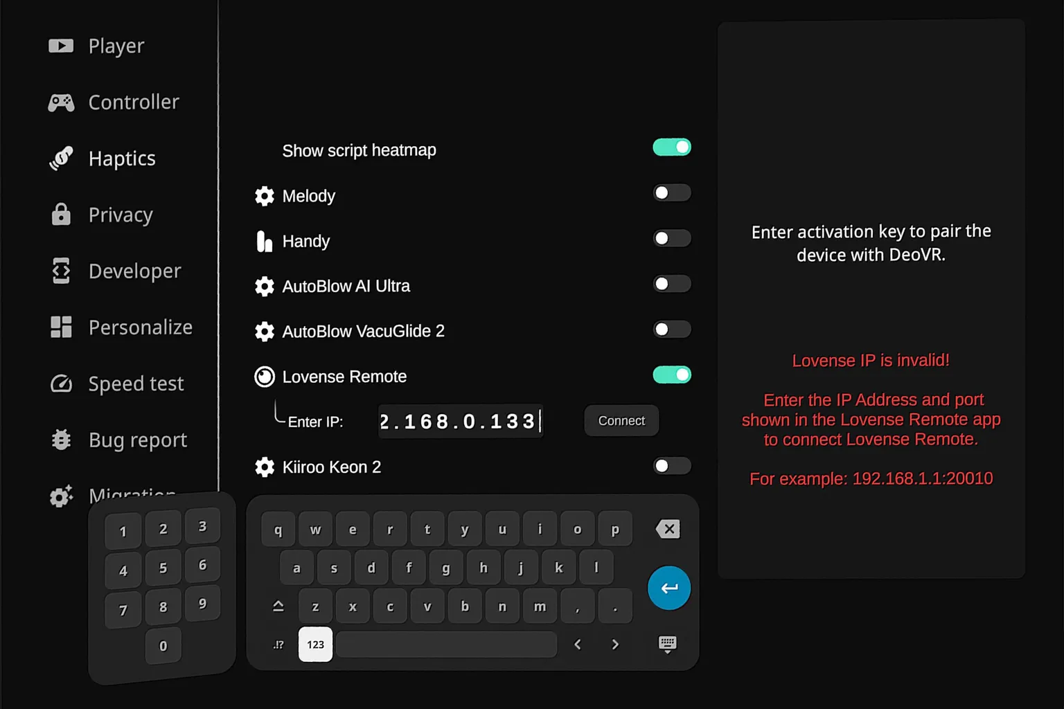 DeoVR Classic affiche l'erreur « Lovense IP is invalid » lorsque l'adresse IP est saisie sans le numéro de port requis